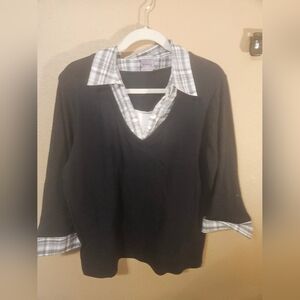 Womens Vintage 90s Black Plaid Collar & Sleeve Blouse Sz XL